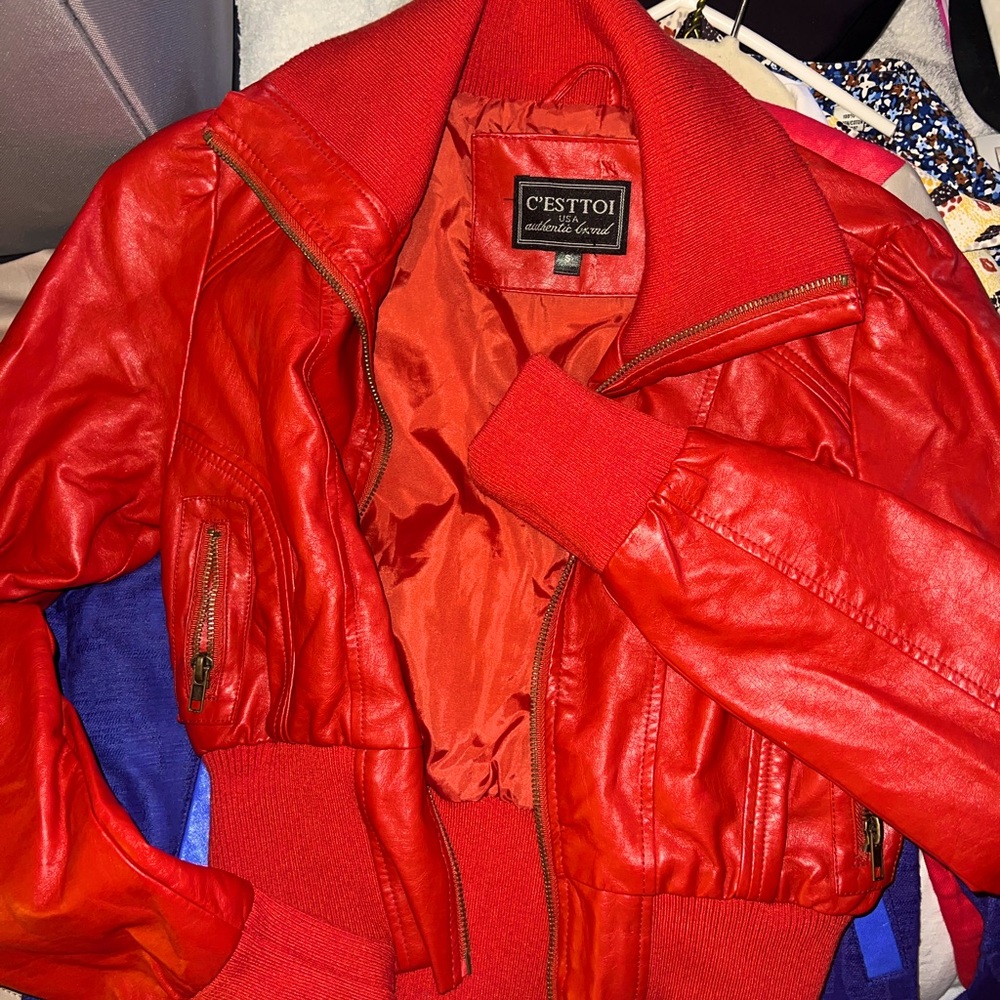 Red leather stretch jacket small, like new